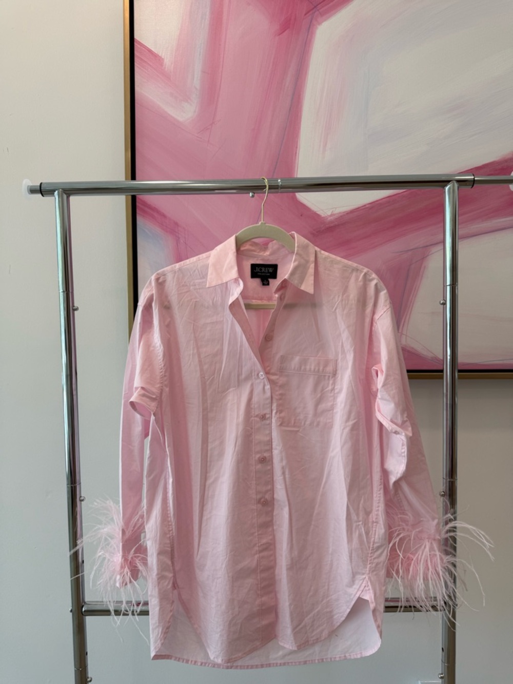 J. Crew Light Pink Feather-Cuff Button-Up Shirt, size 0